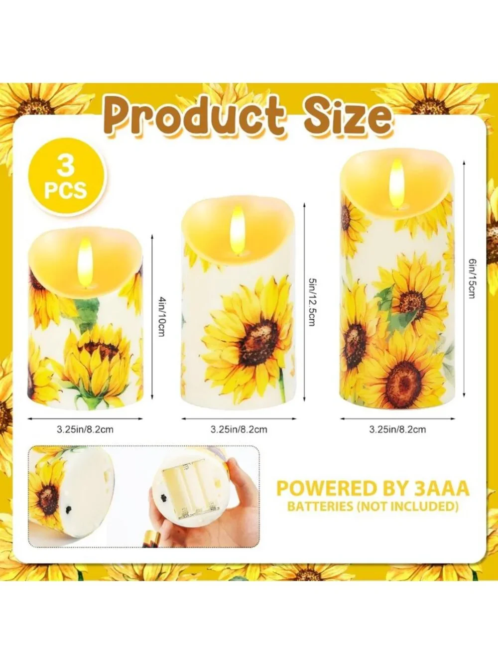 Set of 3 Sunflower Flameless LED Candles - Battery Operated Pillar Decor for